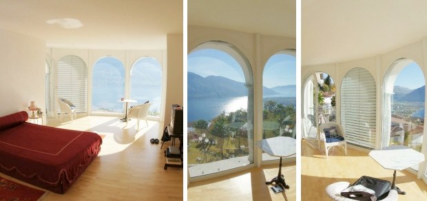 Schlafzimmer der Villa mit Blick auf den See