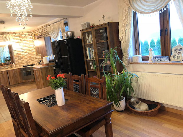 Wohnzimmer mit offener Kche der Villa
